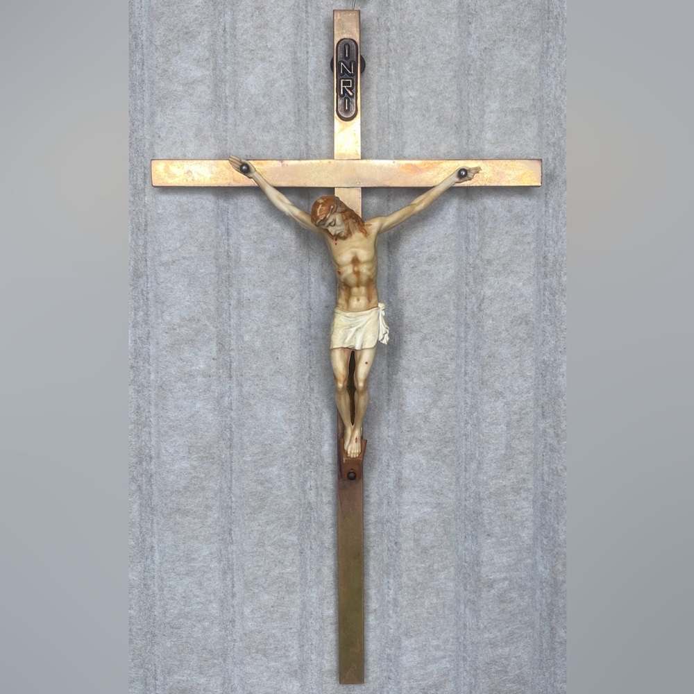 Vintage MCM Jesus Christ Wall Cross INRI Crucifix 10" Metal Brass Gallo NYC